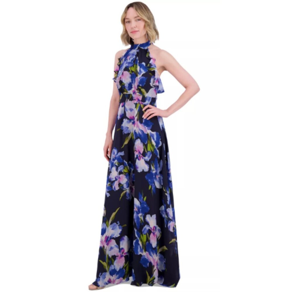 Eliza J Blue Floral Ruffle Chiffon Gown Event Formal Cocktail Wedding Size 14